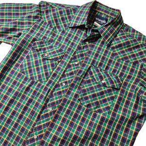 Vintage Wrangler Western Shirt Green Blue Plaid Pearl Snap Size M